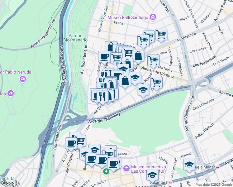 map of restaurants, bars, coffee shops, grocery stores, and more near 3435 Avenida Vitacura in Vitacura