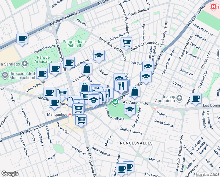 map of restaurants, bars, coffee shops, grocery stores, and more near 150 Gustavo V in Las Condes