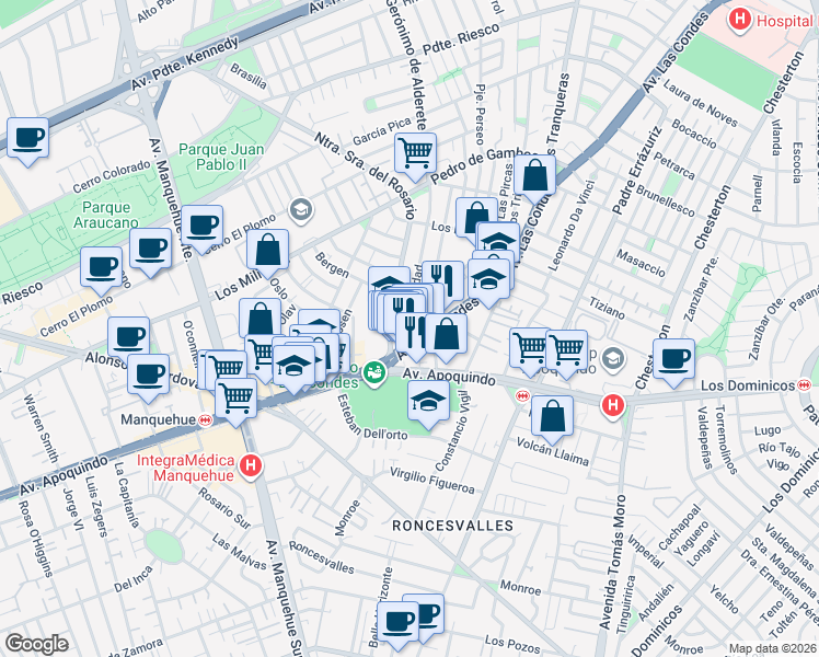map of restaurants, bars, coffee shops, grocery stores, and more near 6830 Avenida Las Condes in Las Condes