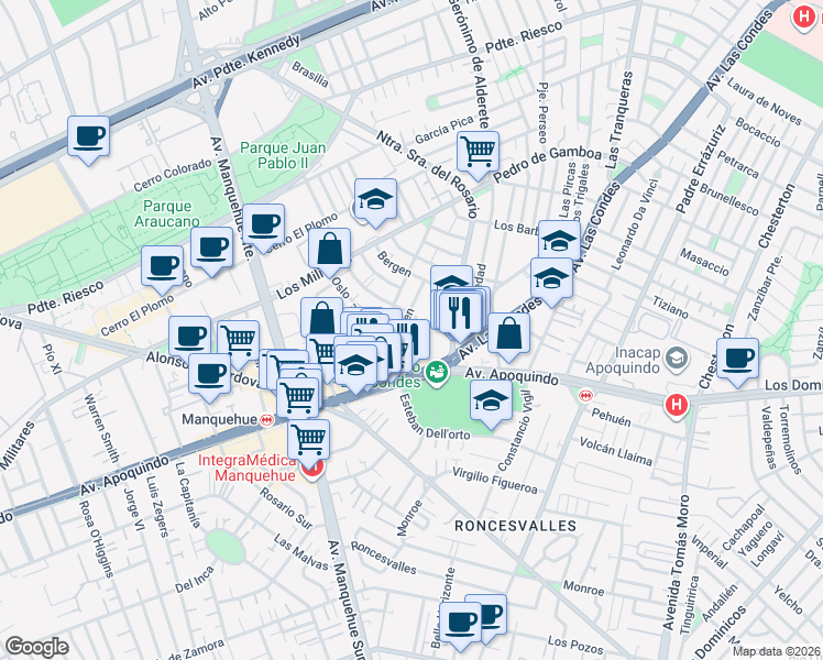 map of restaurants, bars, coffee shops, grocery stores, and more near 150 Gustavo V in Las Condes