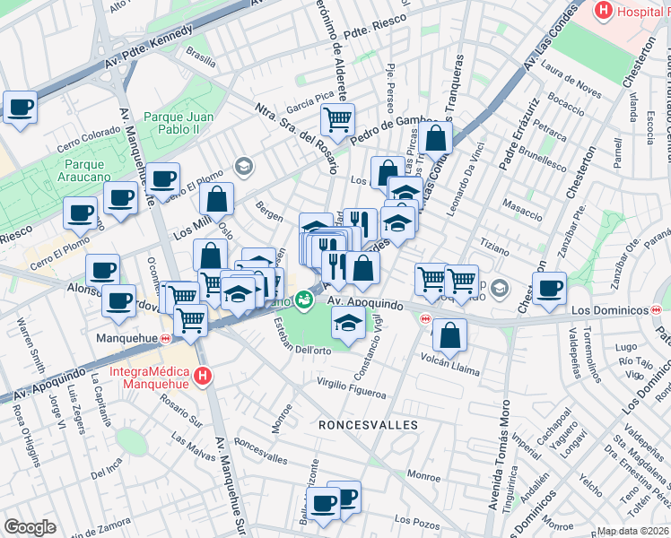 map of restaurants, bars, coffee shops, grocery stores, and more near 6830 Avenida Las Condes in Las Condes