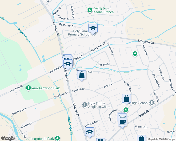 map of restaurants, bars, coffee shops, grocery stores, and more near 39 Rosemont Avenue in Kelso