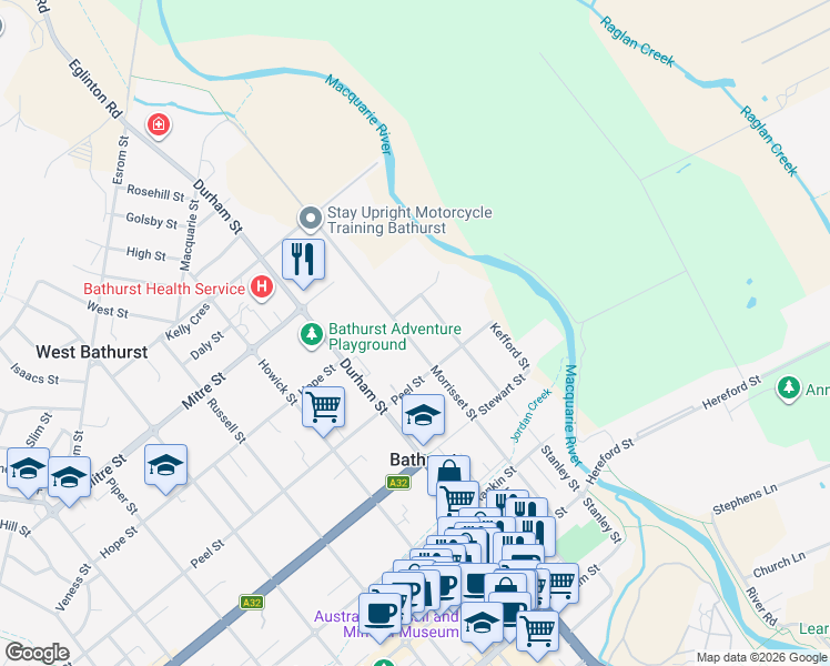 map of restaurants, bars, coffee shops, grocery stores, and more near 109 Morrisset Street in Bathurst