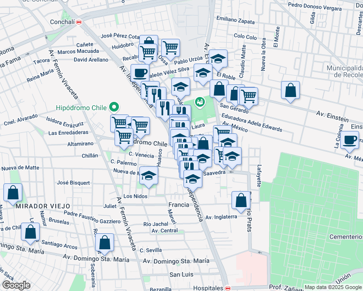 map of restaurants, bars, coffee shops, grocery stores, and more near 1388 Hipódromo Chile in Santiago