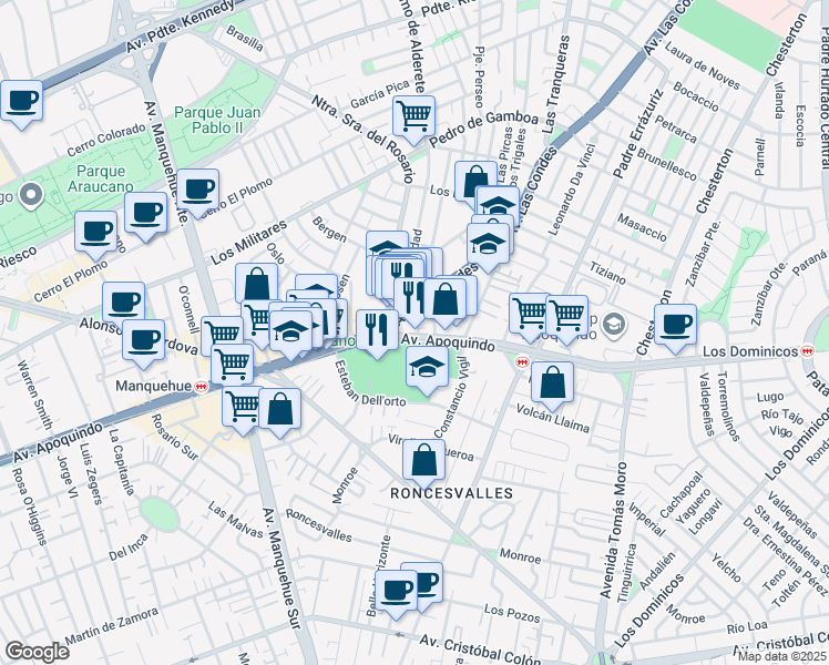 map of restaurants, bars, coffee shops, grocery stores, and more near 6760 Avenida Apoquindo in Las Condes