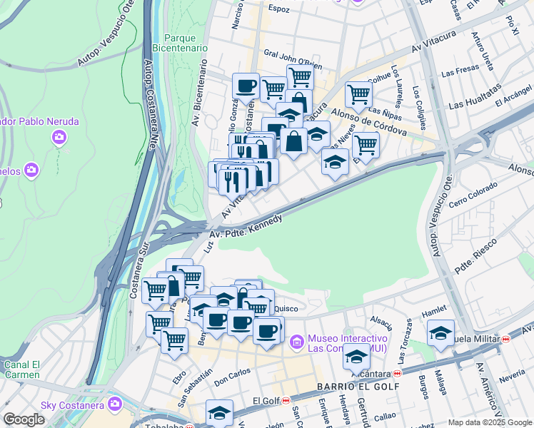 map of restaurants, bars, coffee shops, grocery stores, and more near 4598 Presidente Kennedy in Vitacura
