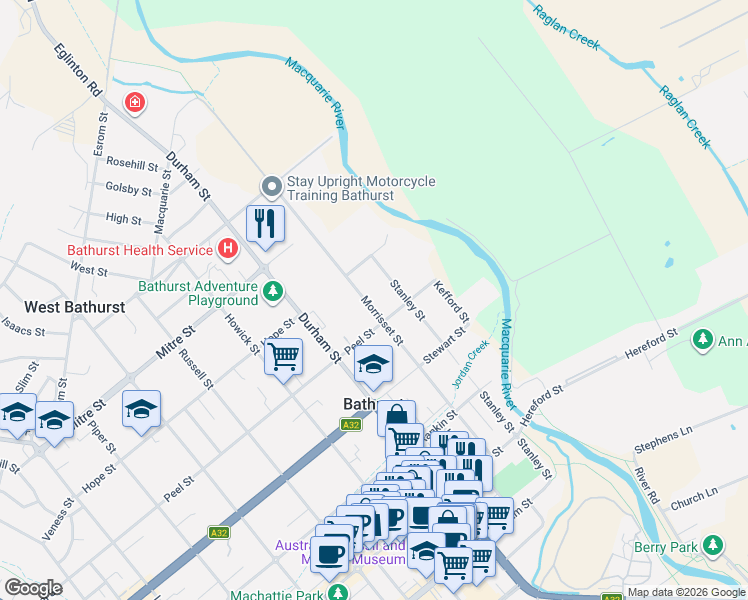 map of restaurants, bars, coffee shops, grocery stores, and more near 101 Morrisset Street in Bathurst