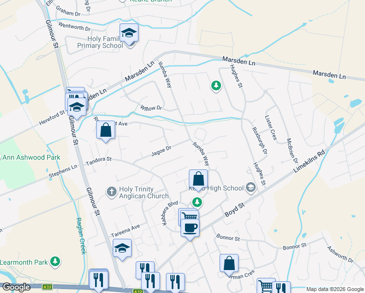 map of restaurants, bars, coffee shops, grocery stores, and more near 8 Jagoe Drive in Kelso