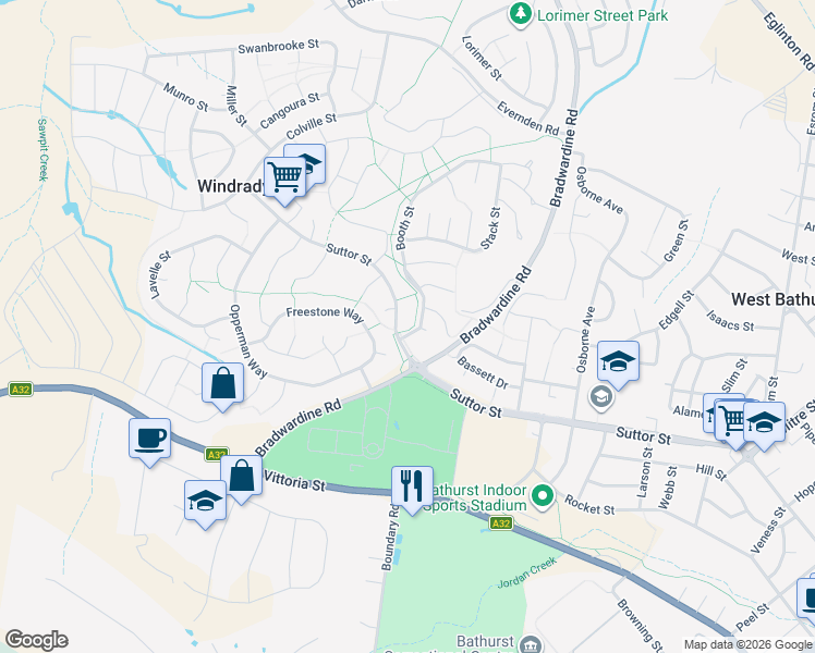 map of restaurants, bars, coffee shops, grocery stores, and more near 71 Suttor Street in Windradyne