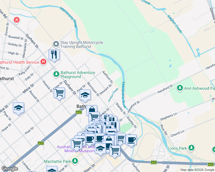 map of restaurants, bars, coffee shops, grocery stores, and more near 37 Stewart Street in Bathurst