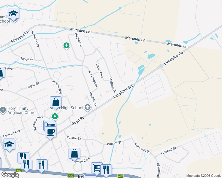 map of restaurants, bars, coffee shops, grocery stores, and more near 1 Kerr Place in Kelso