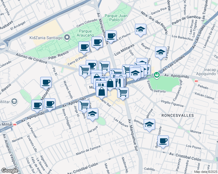 map of restaurants, bars, coffee shops, grocery stores, and more near 5950 Avenida Apoquindo in Las Condes