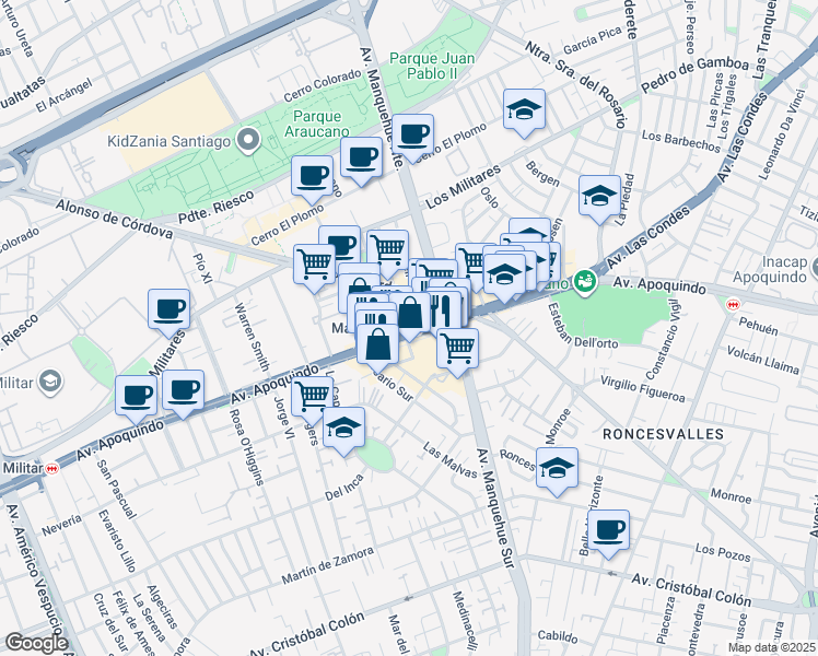 map of restaurants, bars, coffee shops, grocery stores, and more near 5950 Avenida Apoquindo in Las Condes