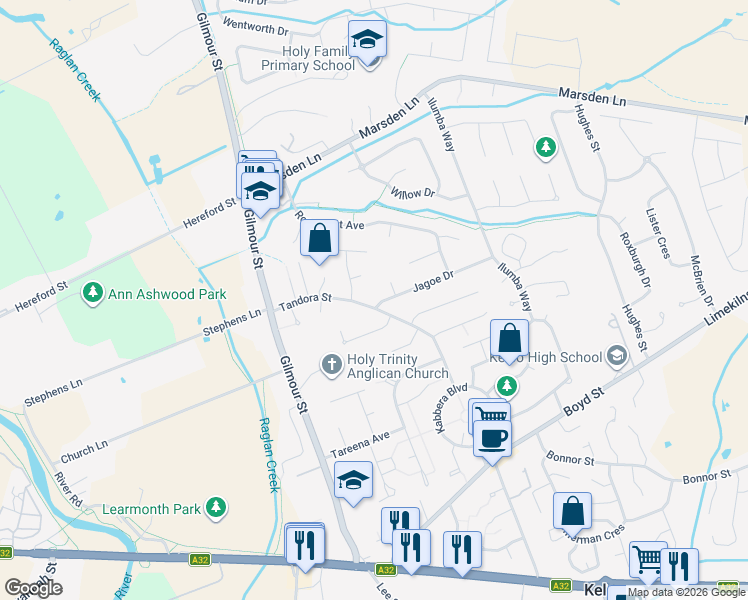 map of restaurants, bars, coffee shops, grocery stores, and more near 33 Jagoe Drive in Kelso