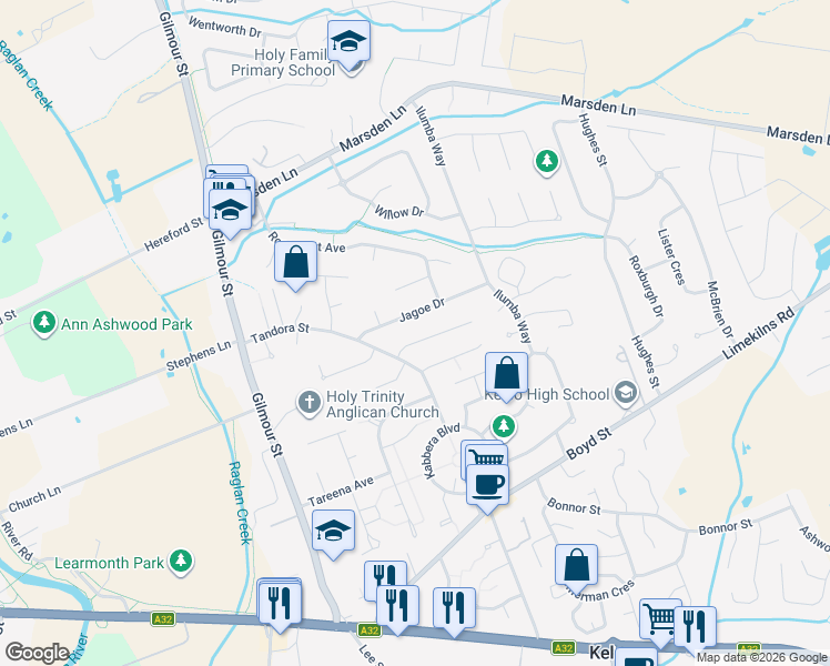 map of restaurants, bars, coffee shops, grocery stores, and more near 9 Arnold Court in Kelso