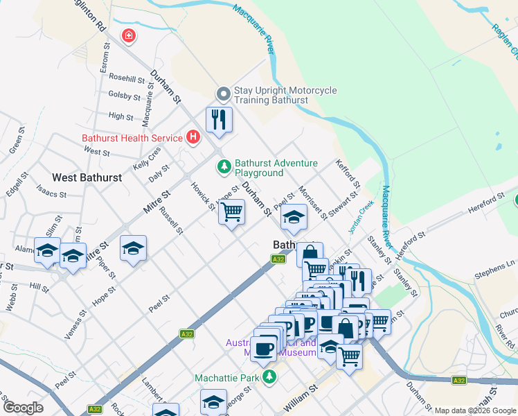 map of restaurants, bars, coffee shops, grocery stores, and more near 202 Durham Street in Bathurst