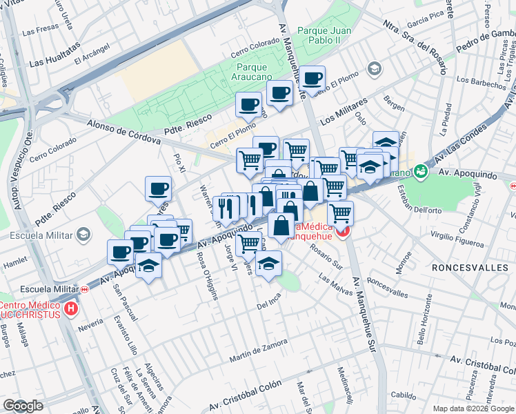 map of restaurants, bars, coffee shops, grocery stores, and more near 45 Badajoz in Las Condes