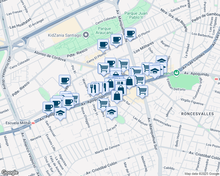 map of restaurants, bars, coffee shops, grocery stores, and more near 5550 Avenida Apoquindo in Las Condes