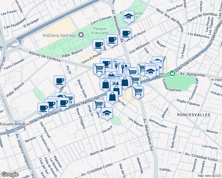 map of restaurants, bars, coffee shops, grocery stores, and more near 5680 Avenida Apoquindo in Las Condes
