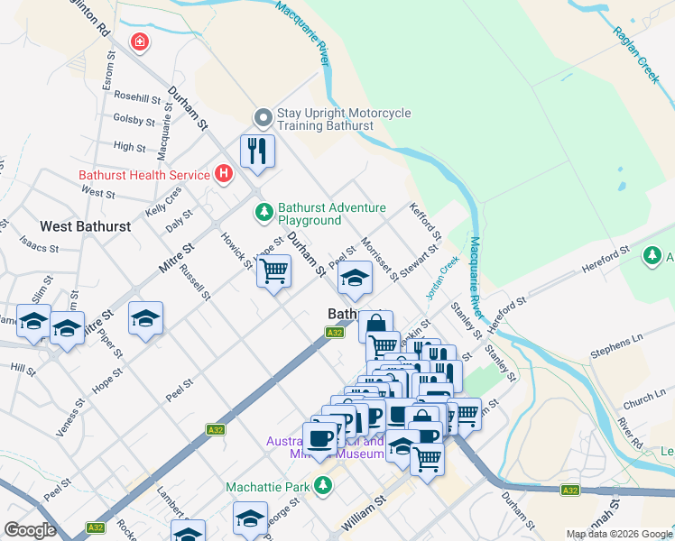 map of restaurants, bars, coffee shops, grocery stores, and more near 106 Peel Street in Bathurst
