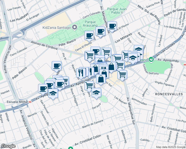 map of restaurants, bars, coffee shops, grocery stores, and more near 25 Badajoz in Las Condes