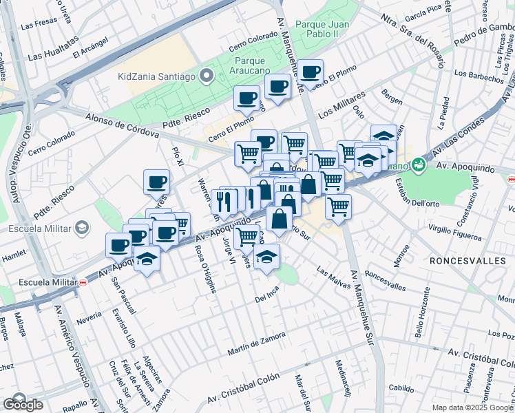 map of restaurants, bars, coffee shops, grocery stores, and more near 25 Badajoz in Las Condes