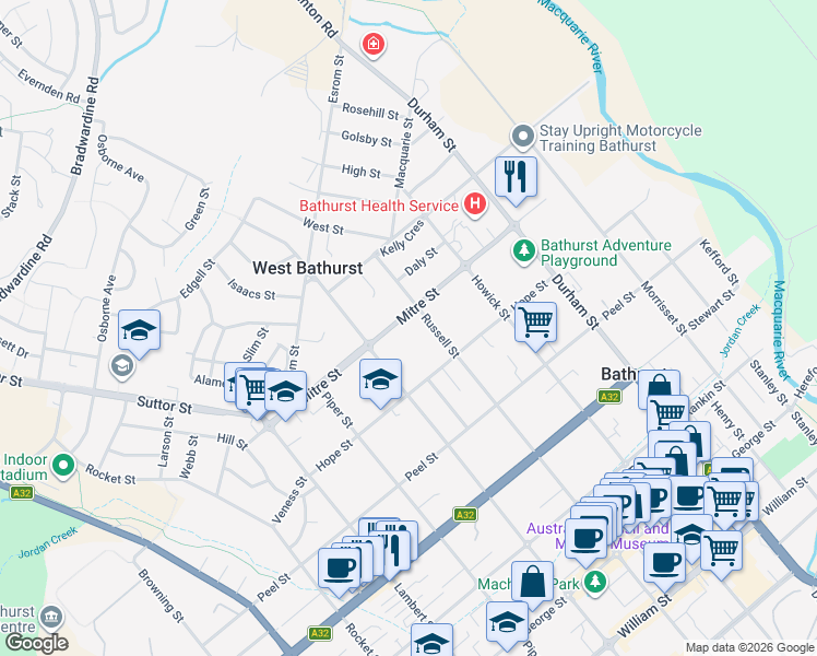 map of restaurants, bars, coffee shops, grocery stores, and more near 90 Mitre Street in Bathurst