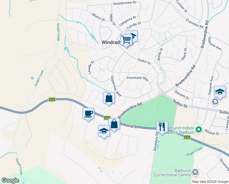 map of restaurants, bars, coffee shops, grocery stores, and more near 45 Opperman Way in Windradyne