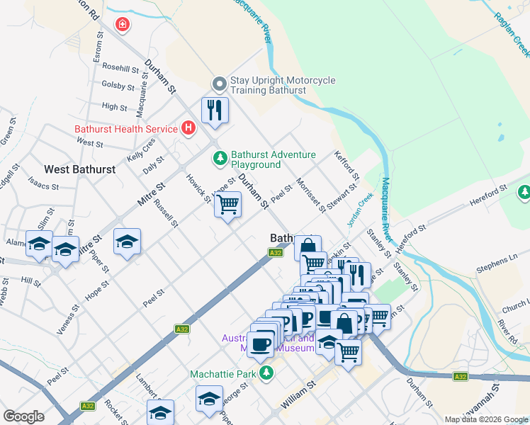 map of restaurants, bars, coffee shops, grocery stores, and more near 194 Durham Street in Bathurst
