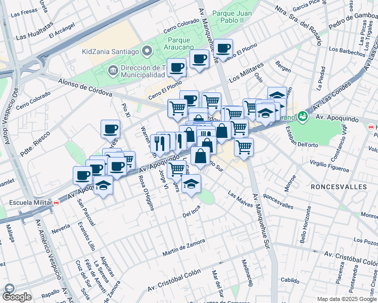 map of restaurants, bars, coffee shops, grocery stores, and more near 5550 Avenida Apoquindo in Las Condes