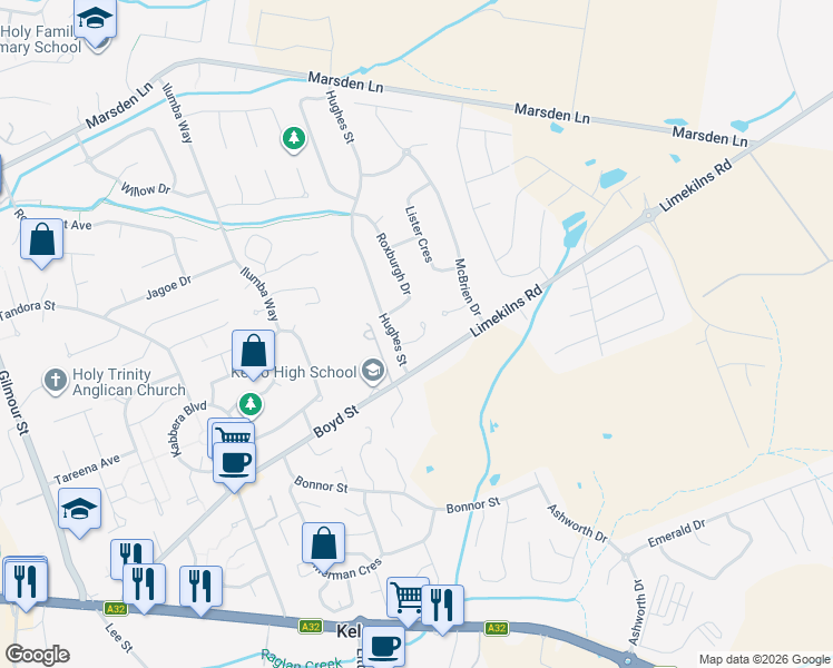 map of restaurants, bars, coffee shops, grocery stores, and more near 4 Scott Place in Kelso