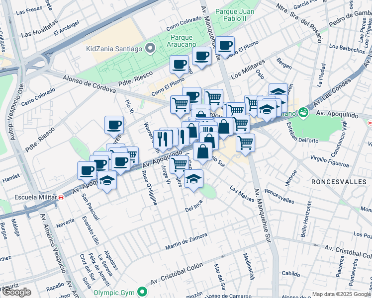 map of restaurants, bars, coffee shops, grocery stores, and more near 4660 Avenida Apoquindo in Las Condes