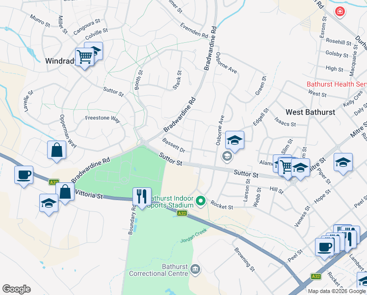 map of restaurants, bars, coffee shops, grocery stores, and more near 5 Bassett Drive in West Bathurst