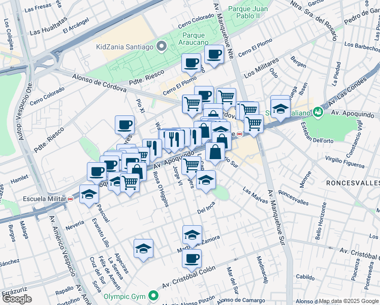 map of restaurants, bars, coffee shops, grocery stores, and more near 5400 Apoquindo in Santiago