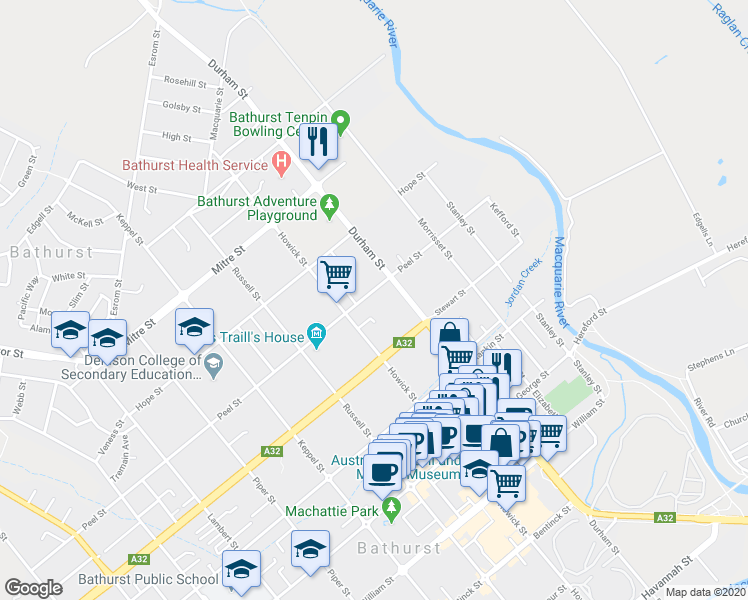 map of restaurants, bars, coffee shops, grocery stores, and more near 114 Peel Street in Bathurst