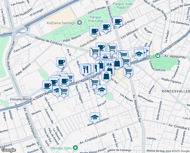 map of restaurants, bars, coffee shops, grocery stores, and more near 4660 Avenida Apoquindo in Las Condes