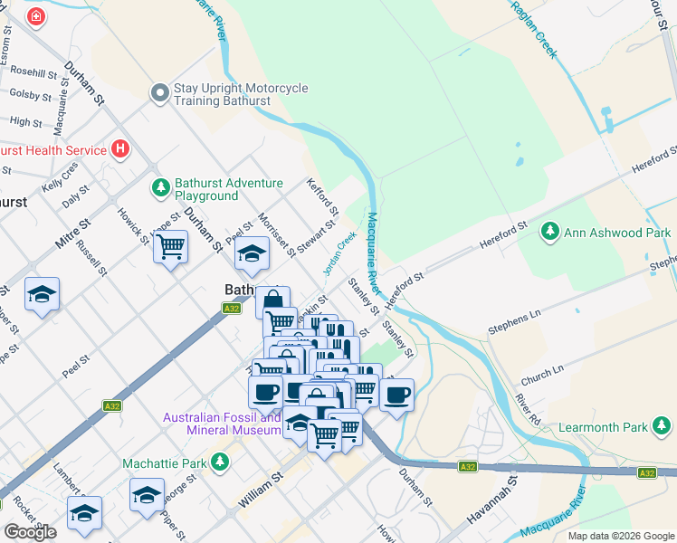 map of restaurants, bars, coffee shops, grocery stores, and more near 38 Stanley Street in Bathurst