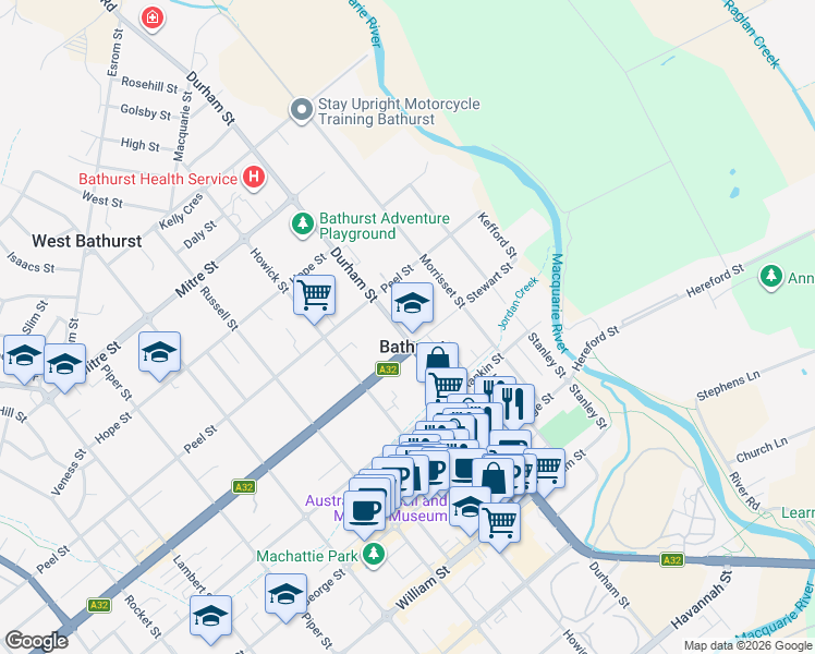 map of restaurants, bars, coffee shops, grocery stores, and more near 161 Durham Street in Bathurst