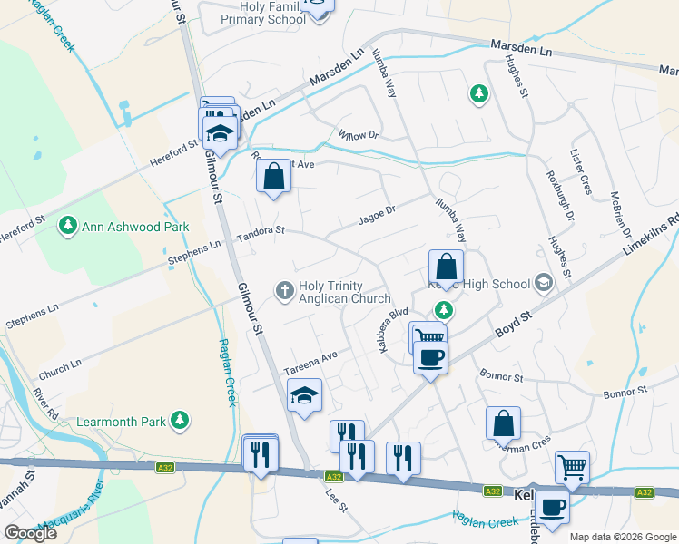 map of restaurants, bars, coffee shops, grocery stores, and more near 8 Walpole Close in Kelso