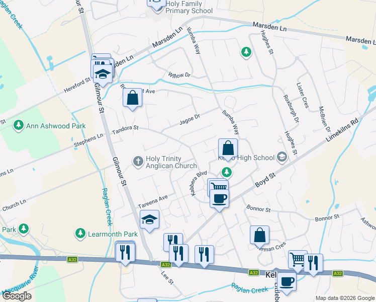 map of restaurants, bars, coffee shops, grocery stores, and more near 16 Tandora Street in Kelso