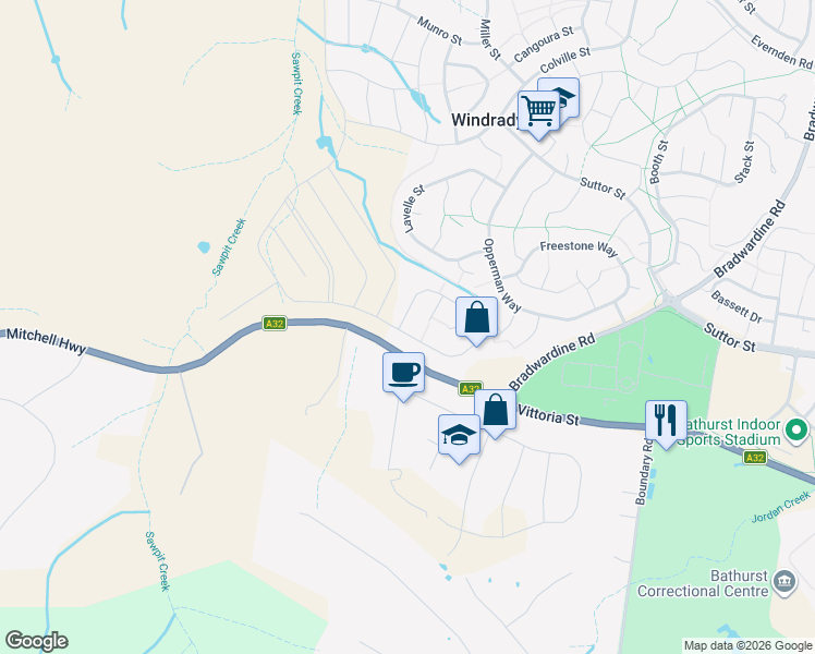 map of restaurants, bars, coffee shops, grocery stores, and more near 28 Ussher Crescent in Windradyne