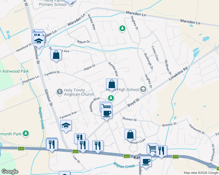 map of restaurants, bars, coffee shops, grocery stores, and more near 20 Weeronga Way in Kelso