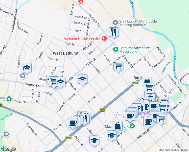 map of restaurants, bars, coffee shops, grocery stores, and more near 131 Hope Street in Bathurst