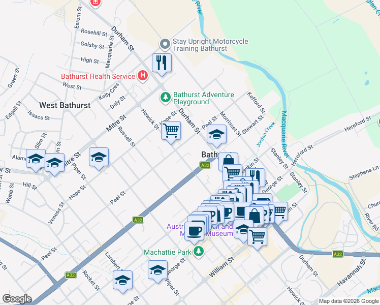 map of restaurants, bars, coffee shops, grocery stores, and more near 319 Howick Street in Bathurst