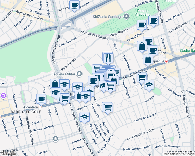 map of restaurants, bars, coffee shops, grocery stores, and more near 4777 Los Militares in Las Condes