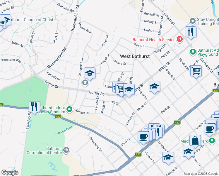 map of restaurants, bars, coffee shops, grocery stores, and more near 25 Alamein Walk in West Bathurst