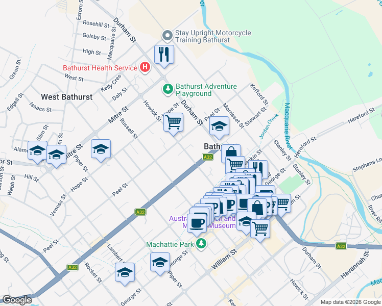 map of restaurants, bars, coffee shops, grocery stores, and more near 309 Howick Street in Bathurst