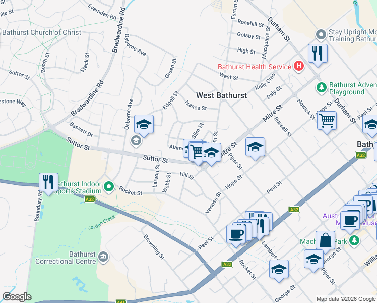 map of restaurants, bars, coffee shops, grocery stores, and more near 15 Alamein Walk in West Bathurst