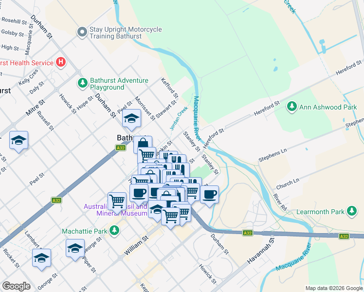 map of restaurants, bars, coffee shops, grocery stores, and more near 27 Morrisset Street in Bathurst