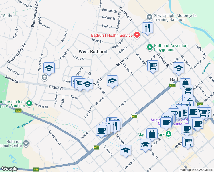 map of restaurants, bars, coffee shops, grocery stores, and more near 273A Piper Street in Bathurst